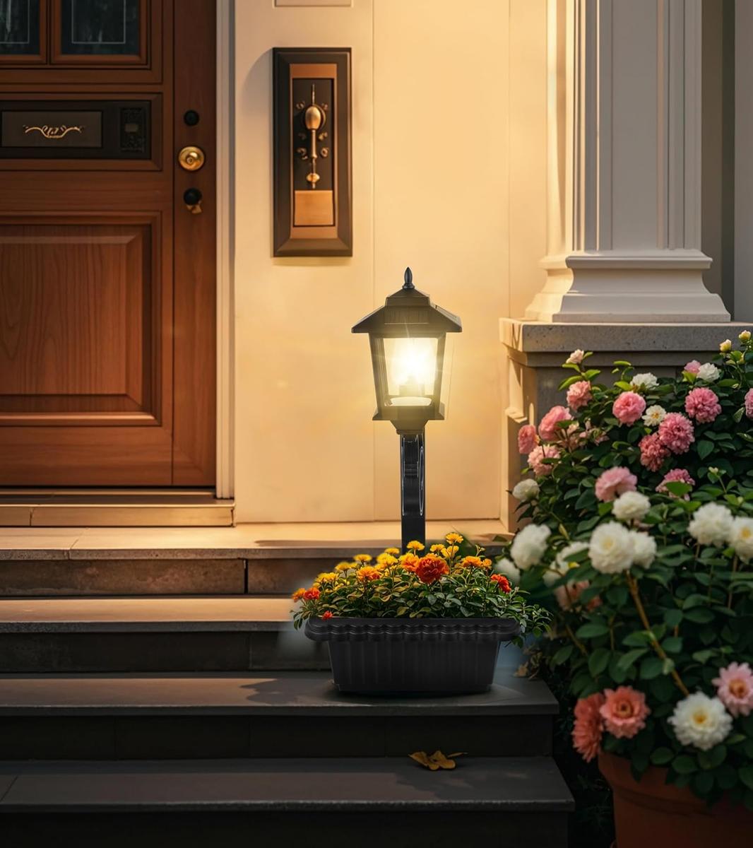 Solar Post Light with Planter, 2-in-1 Outdoor Black Light for Porch, Patio, Front Door & Roadside - Ideal for Easter & Wedding Decor