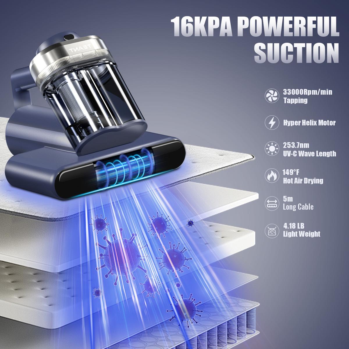 Teant Mattress Vacuum Cleaner for Dust Mites Removal, Bed Vacuum with UV-C Light & 149℉ Hot Air & Aroma Tablet & LED Display, Hyper Helix Motor&16Kpa Powerful Suction Double-Cup Handheld Vacuum Cleaner With HEPA Filter for Bed Couch Sofa