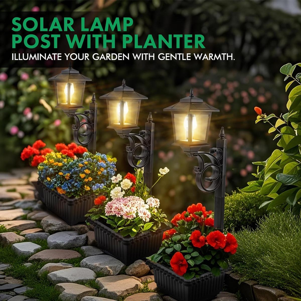 Solar Post Light with Planter, 2-in-1 Outdoor Black Light for Porch, Patio, Front Door & Roadside - Ideal for Easter & Wedding Decor