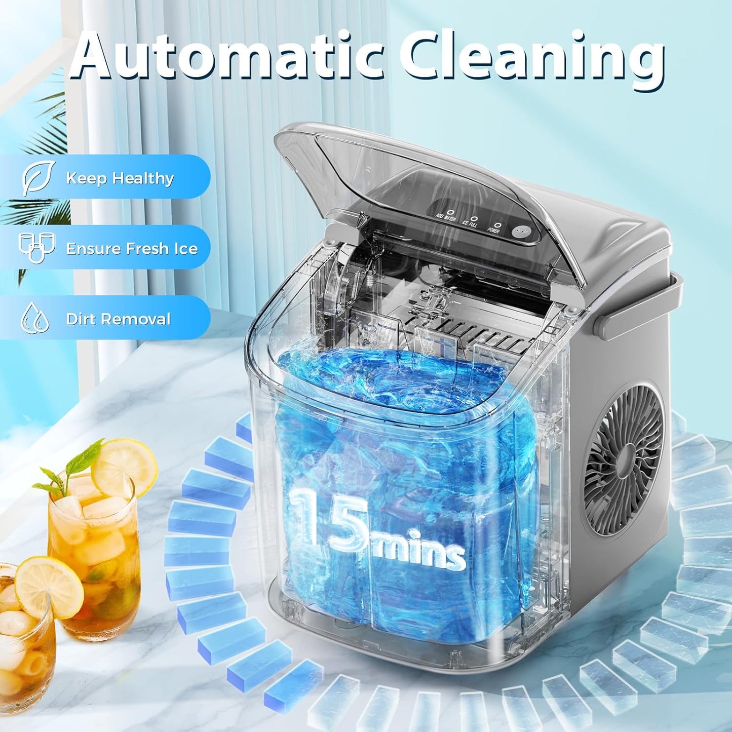 Star Clear Ice Cube Maker, 3 pcs in 25 mins, 150 pcs/Day, CrystalFlux Technology, Self-Cleaning, 24H Timer, Enhanced Insulation for Whiskey & Bourbon