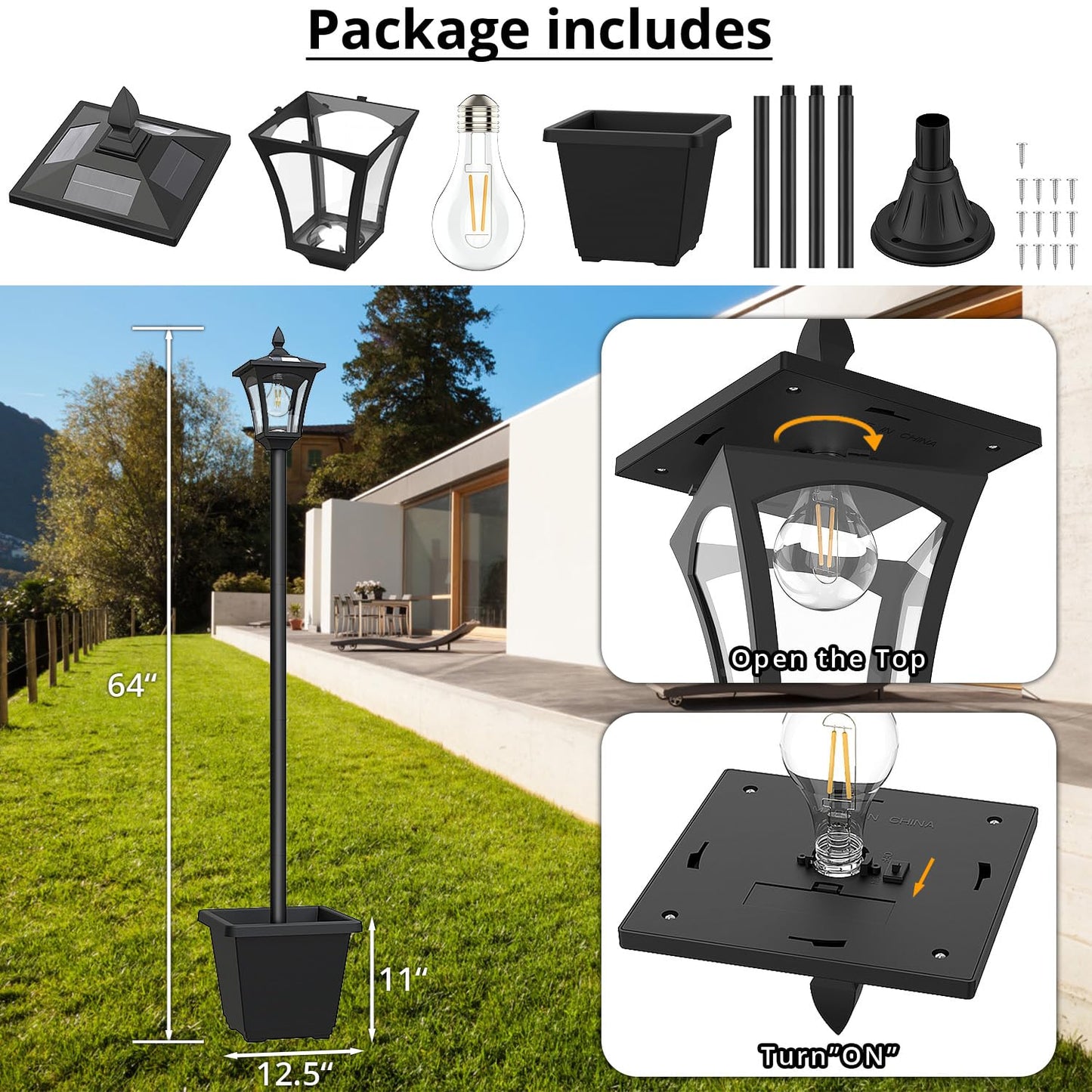 65" Solar Lamp Post Light with Planter – Waterproof Outdoor Solar Garden Lights, 60 Lumens, Warm White – Patio & Yard Decor